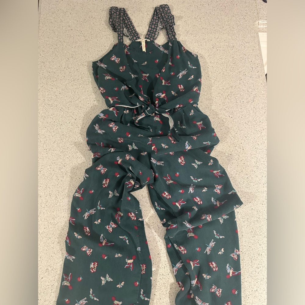 Matilda Jane Tie Front Evergreen Jumpsuit Romper Small Butterfly Bird Print